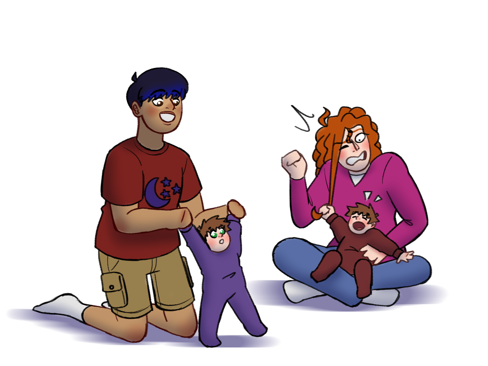 Digital colored doodle of Orion / Kid Twilight (drawn with light brown skin, brown eyes, and short black hair with a blue fade on his bangs wearing casual clothes) and Bethany Sanderson (drawn with white skin and curly red hair past her shoulders) from Story Thieves by James Riley with two young babies with white skin and short light brown hair. Orion is kneeling upright holding the hands of one baby, smiling as he helps her walk. Bethany sits cross legged with the other baby in her lap as he happily pulls on her hair, Bethany wincing in pain.