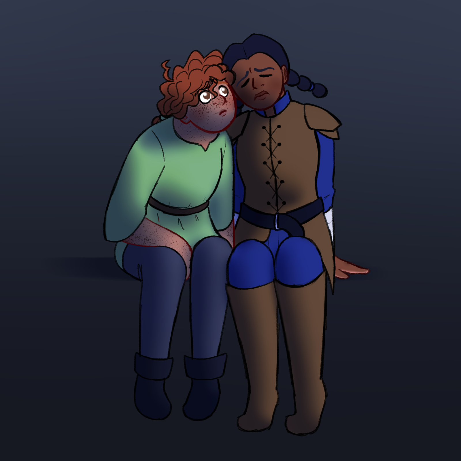 Digital colored doodle of Ciara (drawn with light skin and freckles all over her body, brown eyes, and curly red hair in two loose braids, wearing a light green tunic) and Meg (drawn with brown skin and black hair in two braids behind her shoulders wearing brown and blue leather armor) from The Dragon’s Apprentice by James Riley. Both girls sit close next to each other, Meg leaning towards Ciara with an upset frown. Ciara frowns up at her in worry.