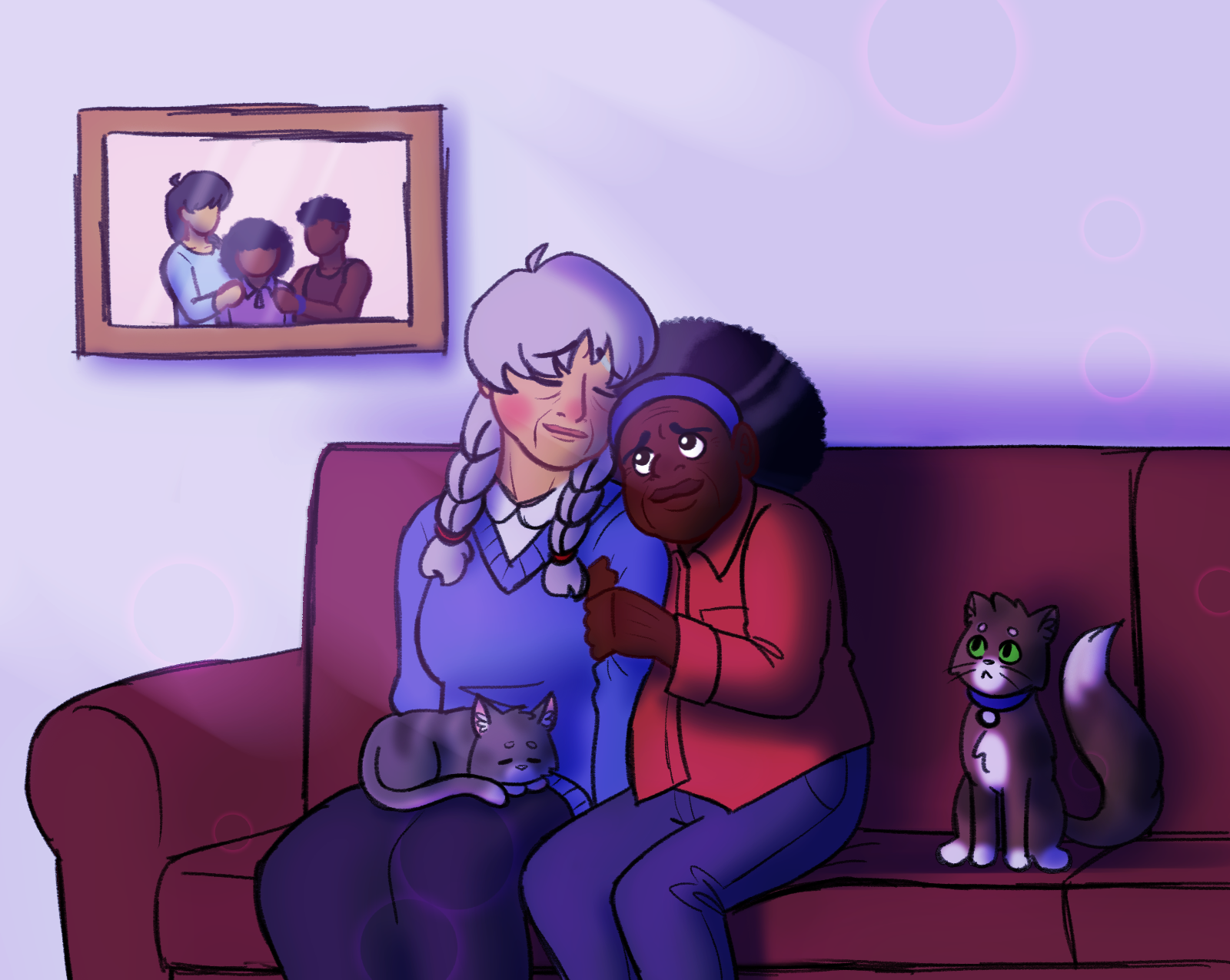 Digital colored doodle of Jia Liang, a Chinese woman, and Rachel Carter, a Black woman, from the Revenge of Magic series by James Riley. Jia and Rachel are drawn as old women, Jia with gray hair in two braids over her shoulders wearing a blue sweater and long skirt and Rachel with an afro and a blue headband, red button up, and jeans. They sit on a couch together and lean into each other happily, a gray cat laying on Jia's lap and a brown cat sitting next to Rachel staring up at them. Behind them is a simple portrait of when they are younger, a young child between them looking like a mix of the two.