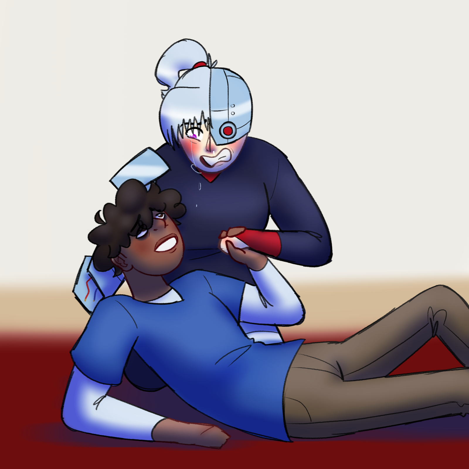 Digital doodle of Owen Conners (drawn as a Filipino boy with dark brown curly hair and eyes in a blue T-shirt and khakis) and Charm Mentum (drawn as a light skinned girl with white hair in a ponytail and wearing a black fullbody suit with a robotic left eye, a broken robotic right arm, and a robotic left leg) from Story Thieves. Charm is kneeling down, using her robotic arm to hold up Owen who is laying on the floor. Charm stares down at him crying as he smiles up weakly at her, her normal hand holding his.