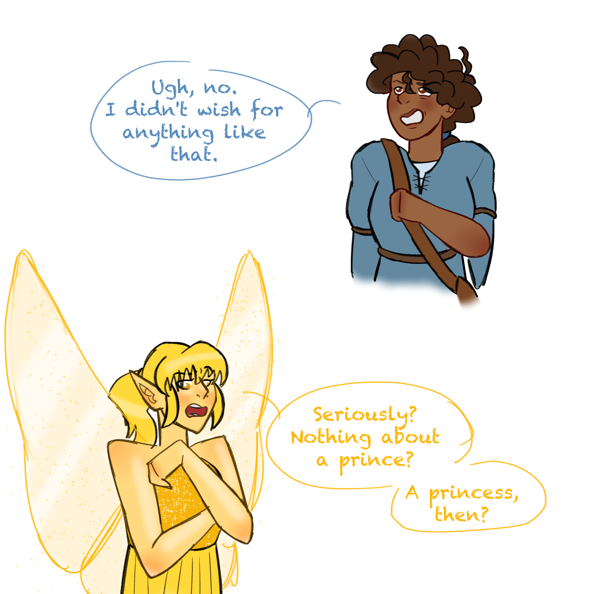 Lena gives a disgusted look, saying, “Ugh, no. I didn’t wish for anything like that.” Gwentell raises a brow in surprise, asking, “Seriously? Nothing about a prince? A princess, then?”