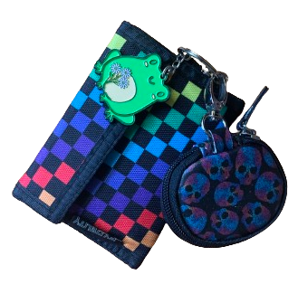 a rainbow checkered wallet with a frog keychain