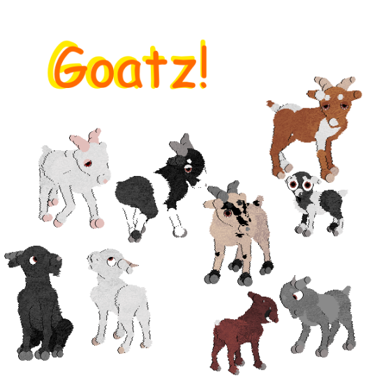 Nine Petz Goatz, all different colors and ages randomly placed on top of white background with text Goatz!