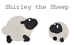 Round white wooly Petz sheep old and young with text Shirley the Sheep