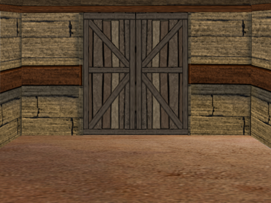 Brown interior of a dirt floored wood barn with large barn doors