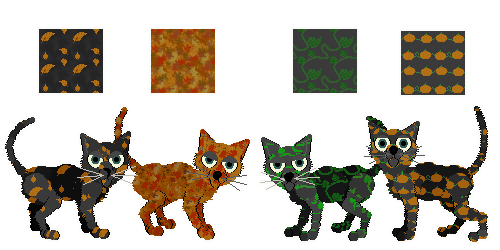 Four square textures, fall leaves, dense fall leaves, pumpkin vines, and pumpkins. Displayed beneath on siamese cats.