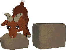 Brown goat leaning down to partially eaten brown mineral block with full block beside it