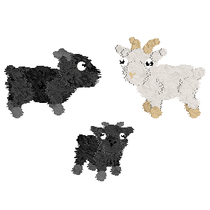 Small adult black goat facing small adult white goat with baby black goat pictured below