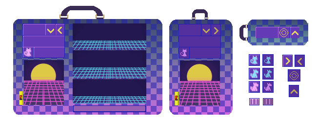 Petz 5 Carrying case stages in vaporwave aesthetic, using blues, pinks, and purples with grid and check patterns.