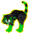 Small black cat with bright green accents including eyes, feet, and tail stripes, hissing at viewer