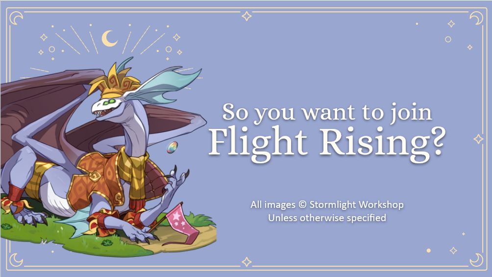 A purple, pastel presentation slide with the text 'So you want to join Flight Rising?' in white font. It is decorated with stars and an image of Joxar.