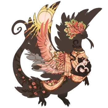 A male coatl skin, holding a black cat and a white cat. The coalt is dressed in a fabric mantle, and there are withering rosevines on its tail. Its head has a crown of oak leaves.