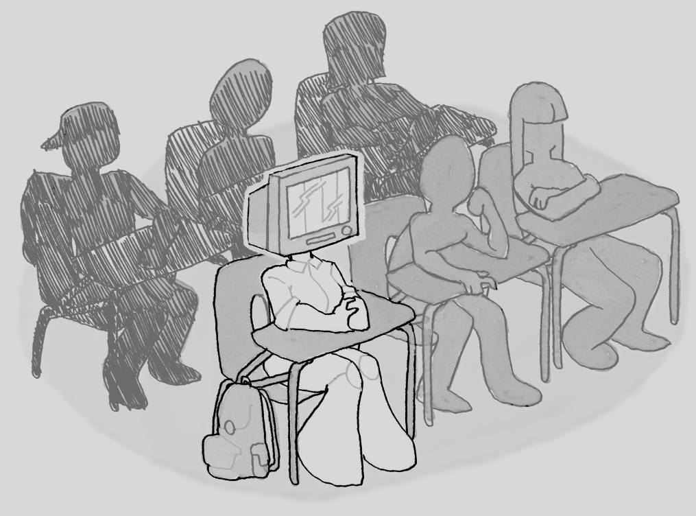 Tv-headed person sits in the front row of a classroom. Other face-less, human figures sit relaxed and listening to an unseen lecture. There is a backpack next to the TV head's desk.