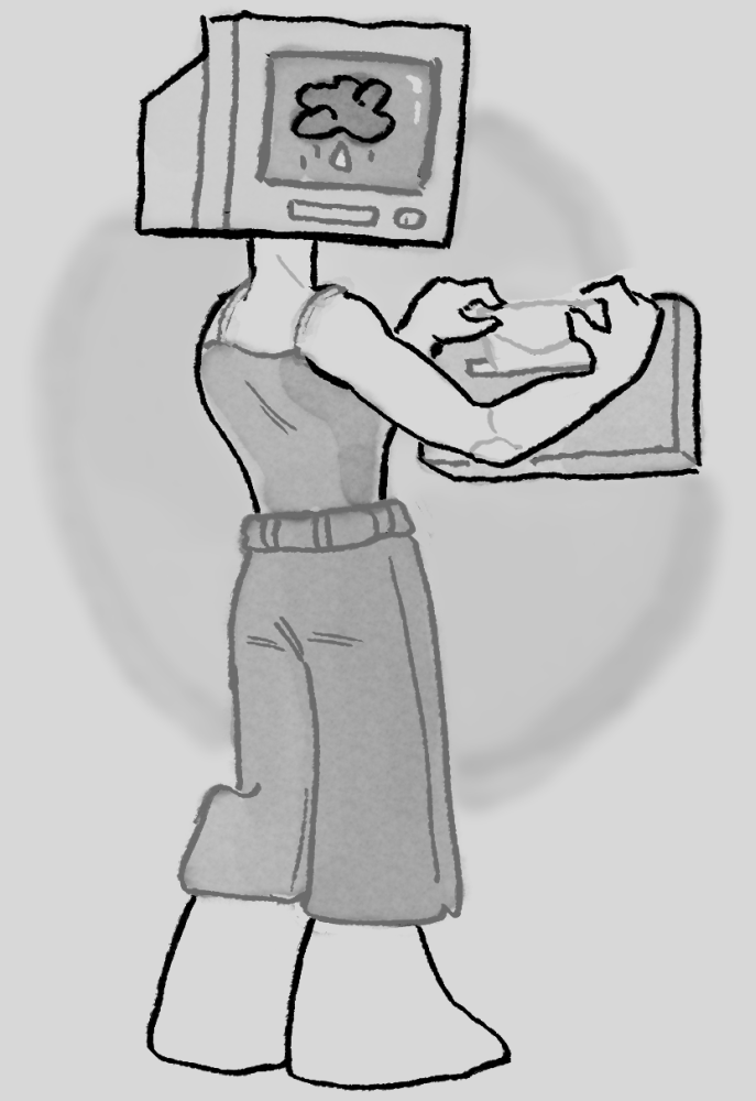 TV Head places a letter in a mailbox slot. Their screen has a storm cloud on it with raining falling down.