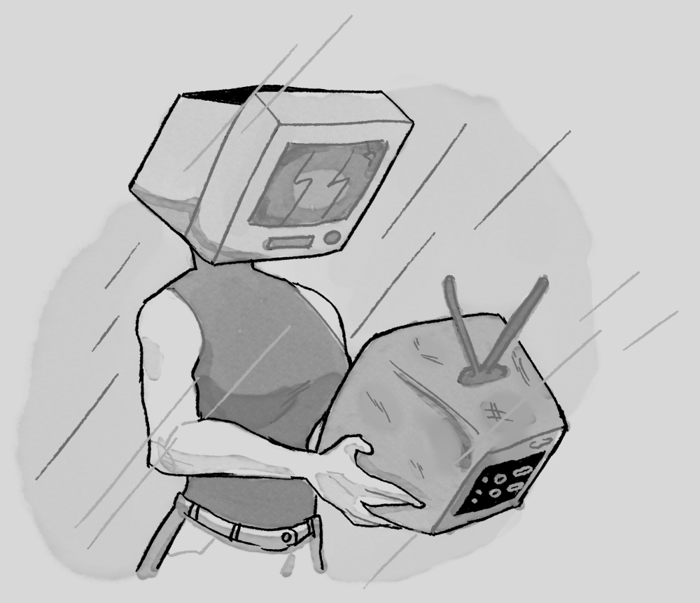 TV Head person holds a battered and bruised CRT TV with antennas in their hands. It is raining.