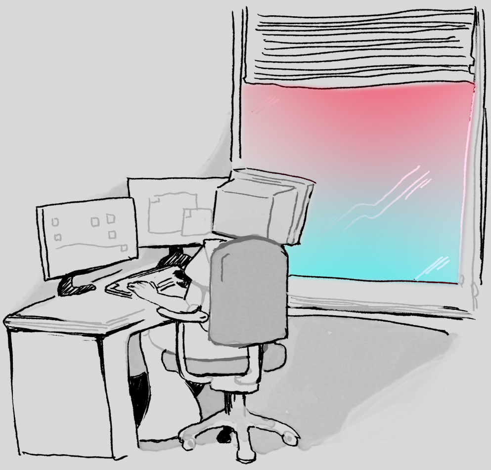Tv-headed person peers out their office window, away from their monitors. Red and Blue lights shine on the glass from the outside.