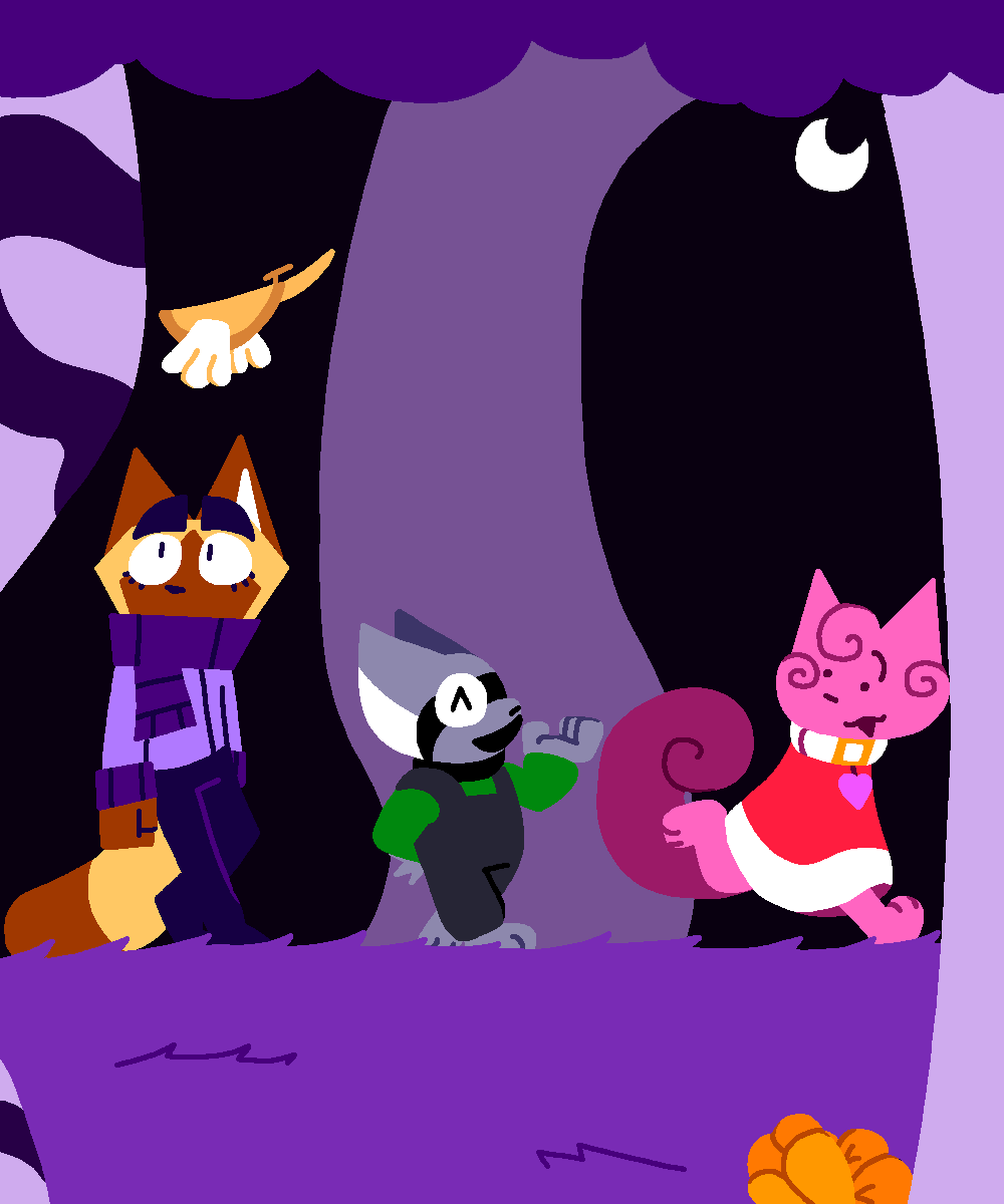 A pink cat wearing a red poncho & white collar; a grey cat wearing a green jumper & dark grey overalls; and a siamese cat wearing a purple jacket with pants & an equally purple scarf. They all walk rightwards in a purple forest, alongside an airship in the background.