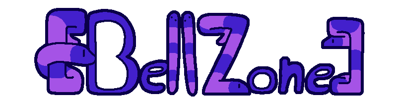 An image of the text '[BellZone]', stylized to have certain letters as purple & pink striped snakes.