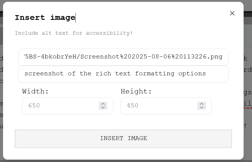 a screenshot for the insert image field, filled with the information for the previous image in my reply