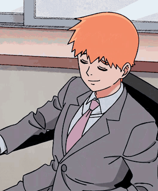 A gif of Reigen Arataka from Mob Psycho 100. He spins in his chair, does a finger gun, then laughs.