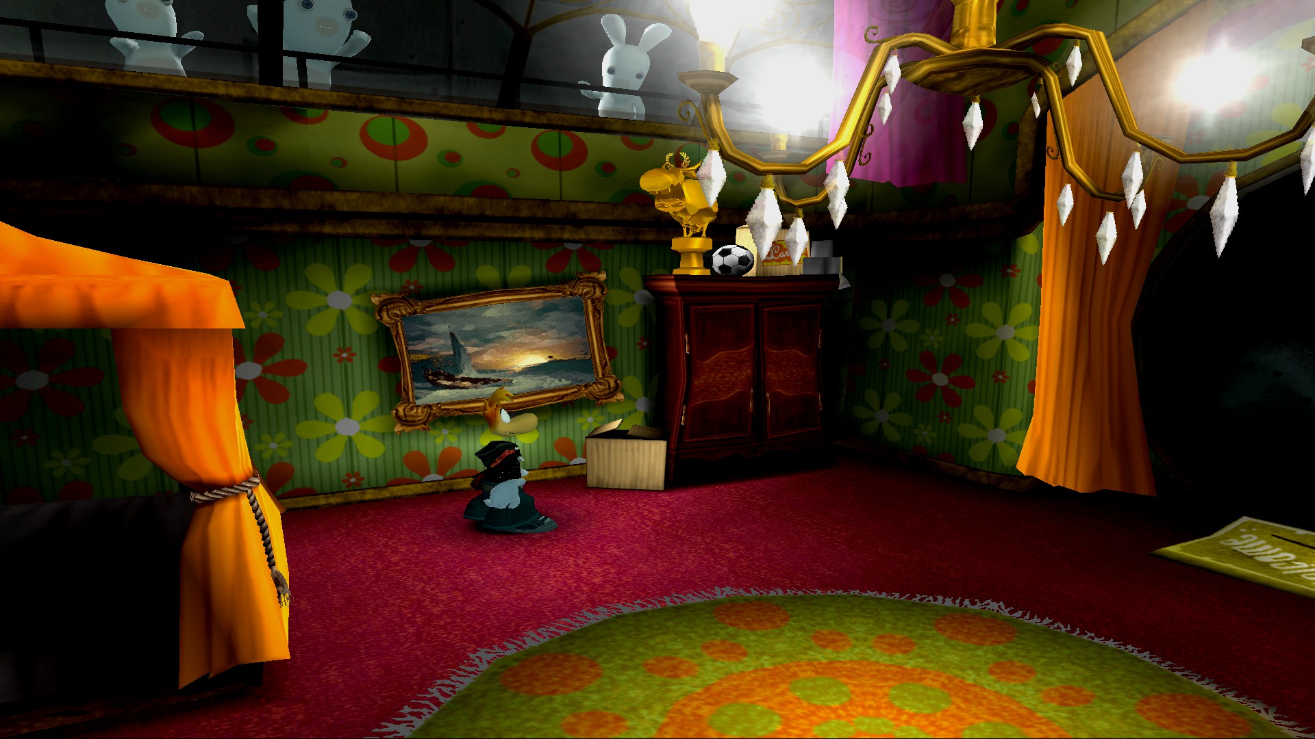 Rayman in prison. The walls are covered in wallpaper, and the furniture looks expensive, a long window towards the ceiling shows rabbids watching him from above.