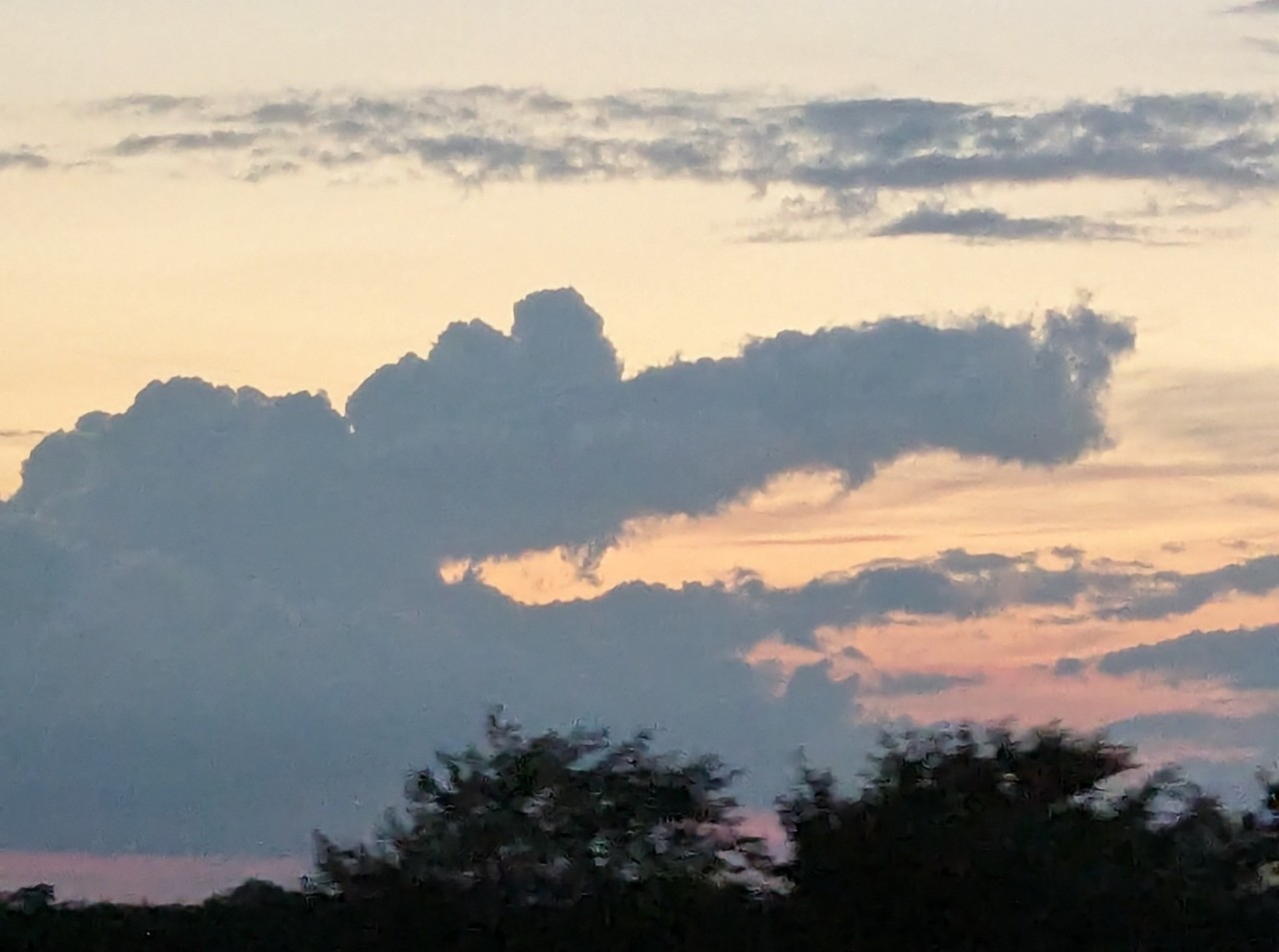 A picture of some clouds that look like a cartoonish gator. The clouds are backdropped by an orange-to-red sunset.