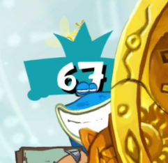 A highly cropped screenshot of Rayman Origins from the level finish screen. Globox sports a big, toothy grin. He is partially obscured by the electoon meter and a standee, the latter of which Globox stands behind. A number above him is displayed, reading 6 7.