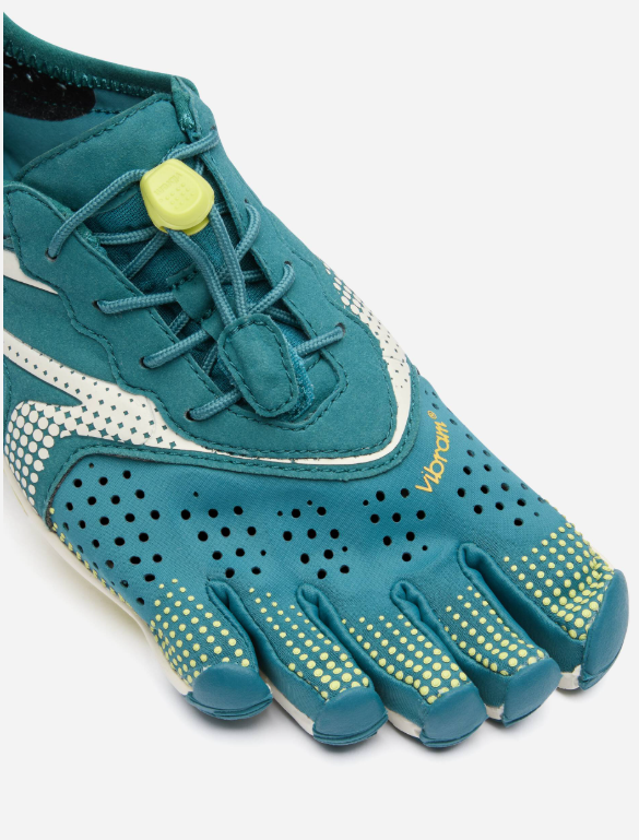 A picture of a running shoe with separated toes from the brand Vibram. The shoe is teal in color, with some pale green accents.