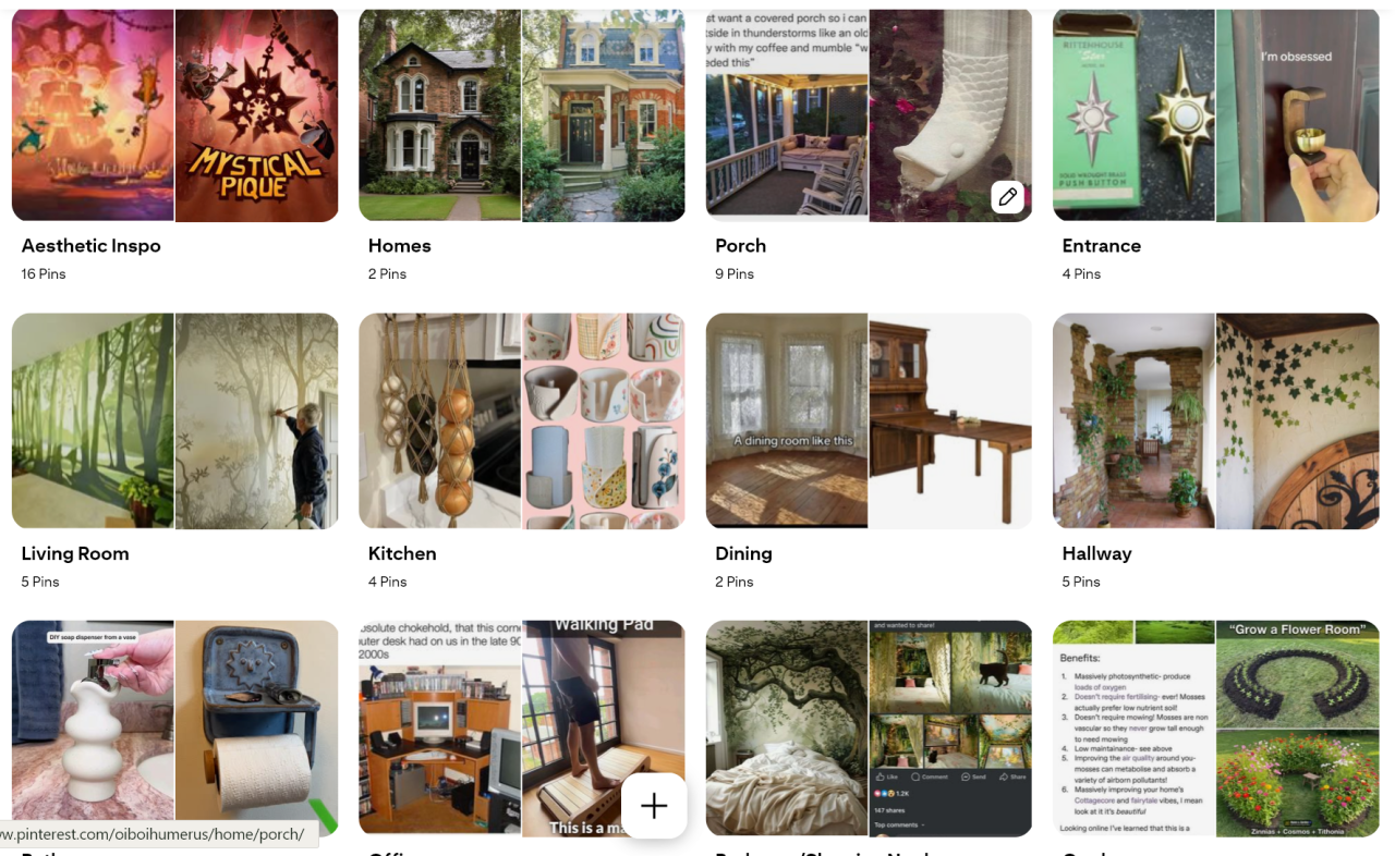 A screenshot of a board on Pinterest. They are split into sections and labeled by room. The overarching theme is whimsy, forest, handmade DIY, and some nostalgia. The first section is labeled 