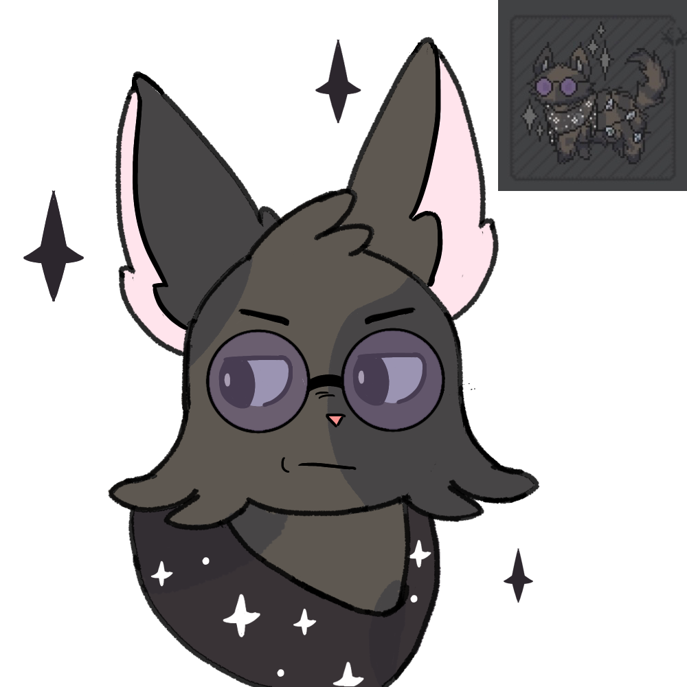  drawing of a longhair solid black watercolour looking to the side with a displeased expression. They are wearing a walnut glittersilk scarf, and round purple tinted glasses, and have black sparkles around them.
