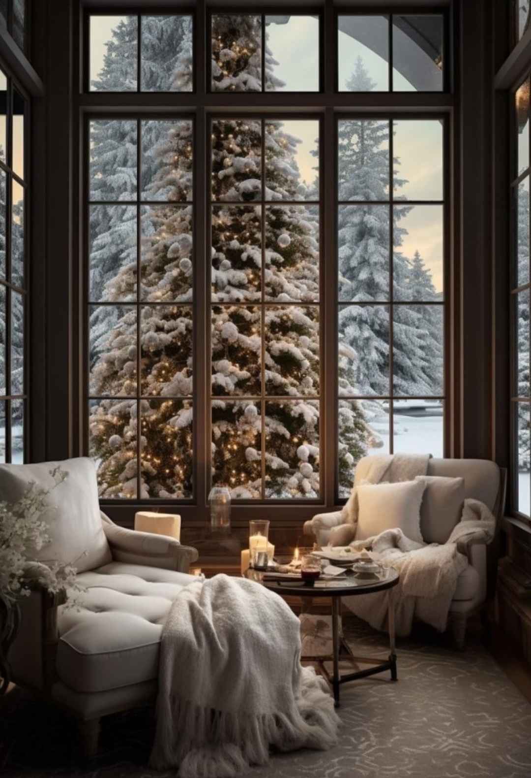 A very large evergreen tree stands on the outside of an equally large window. The tree's boughs contain warm white fairy lights and are covered with a dusting of light snow. The vista through the window beyond the tree is snow-covered ground, several other grand un-decorated evergreen trees, and a light overcast sky. Inside the room, nearest the window is a white, stately armchair with two cushions and a throw blanket resting on the back right-hand corner. A round table is positioned in front of the chair with various items on its surface, including a lit candle, several drinking glasses partially filled with different liquids, and some books or papers. Another white chair or ottoman is in the left foreground of the image, also with a throw blanket resting on the front left-hand corner. of its surface.