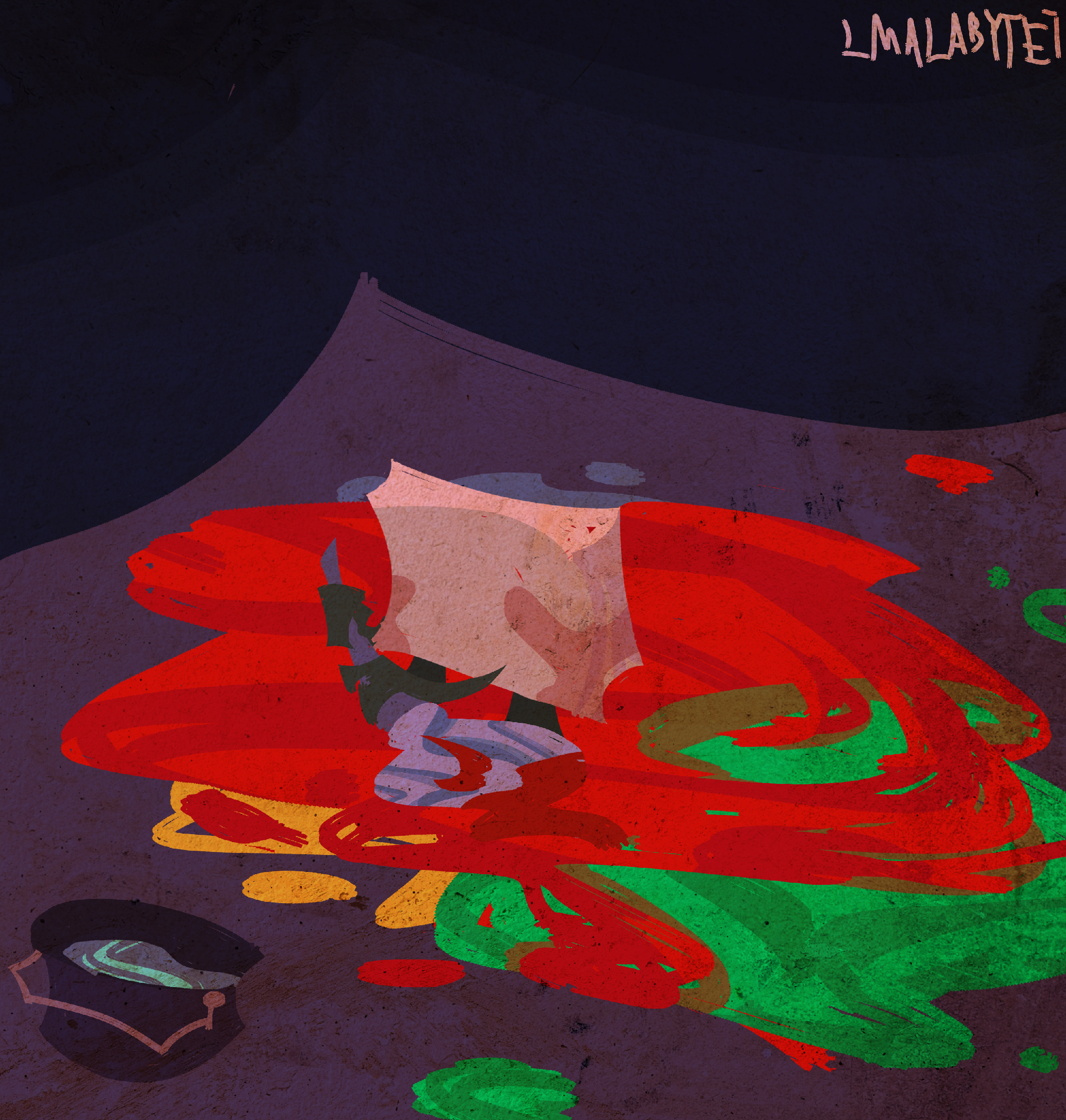 Image of Post-It Note cleaning up various stains on the floor with a mop. The puddles are in various colors, with the biggest one being in red.