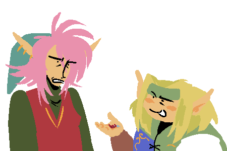 Art of Four holding up the kinstone to Legend, grinning. Legend looks down in disgust.