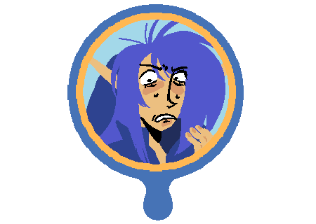 Art of Oracle's reflection in the mirror, his face horrified. He has long blue hair, and wears a blue collared tunic.