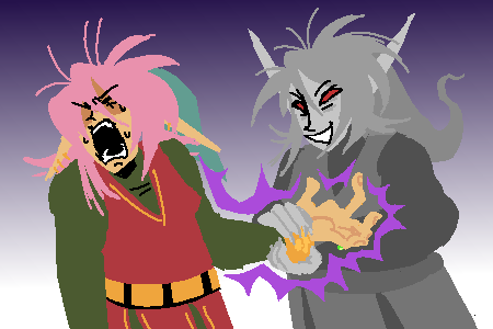 Art of Legend and Dark Link who is taking her appearance. Dark Link has his hands closed around Legend's wrist and the bracelet and grins wildly. Legend screams, her posture stiff. Shadows spike around her arm.