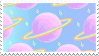 pink ringed planets with rainbow rings stamp