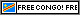 a web badge with a small Congo flag to the left, and to the right scroll the words 'free Congo!' in black text
