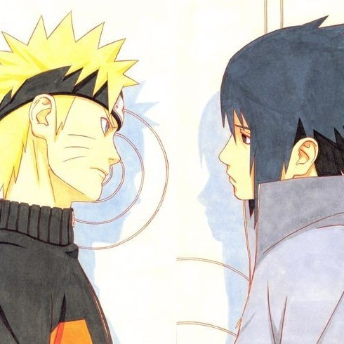 Naruto and Sasuke looking at each other.