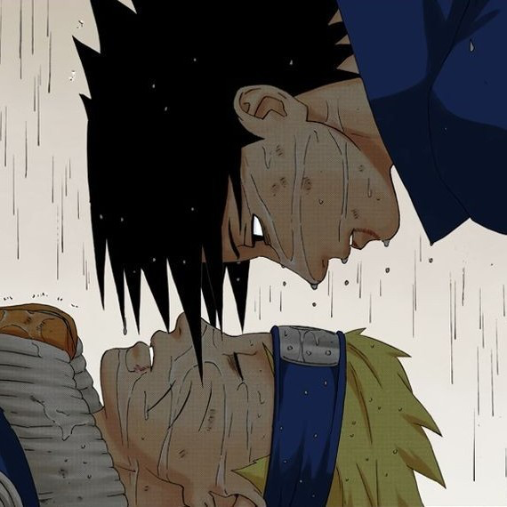 Sasuke leaning over Naruto in the Valley of the End.