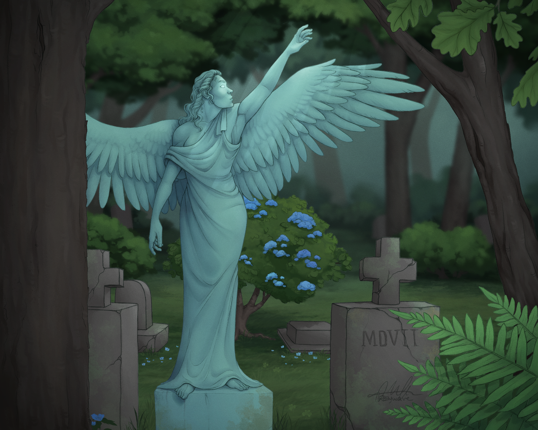 A patinaed copper statue of an angel with glowing eyes reaching up with one hand towards faint rays of light. She is standing in a wooded cemetery surrounded by old, lichen-covered gravestones. There are ferns and trees in the foreground and a hydrangea shrub behind her.