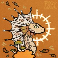 A small colored doodle of a fae dragon with ivory jaguar, carrot butterfly, and beige stained genes, light eyes, a luminous halo, and various autumn themed apparel on an orange background.