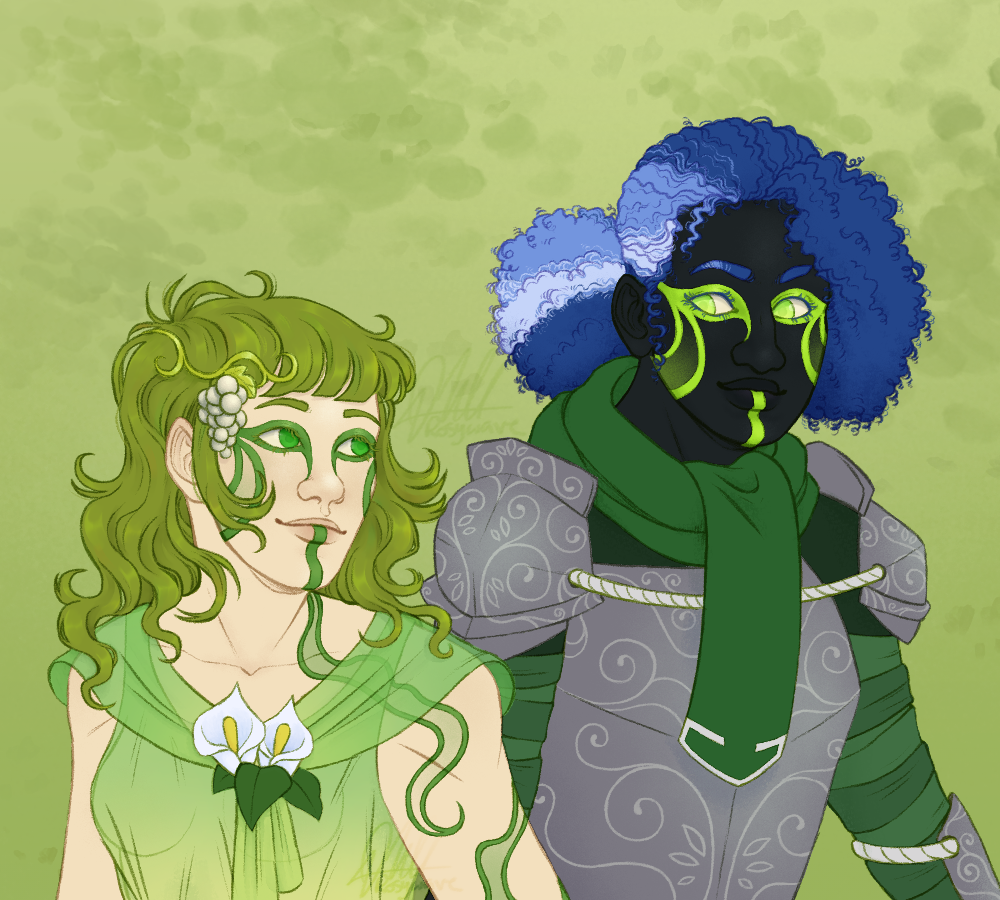 Two humanoid versions of Flight Rising dragons standing next to each other. The one on the left has pale skin, wavy green hair, green makeup that imitates the smoke gene, and a dress based on the Dryad's Guise apparel. The one on the right has black skin, three-tone blue curly hair pulled into a puff at the back, neon smoke gene makeup, and silver filigree armor.