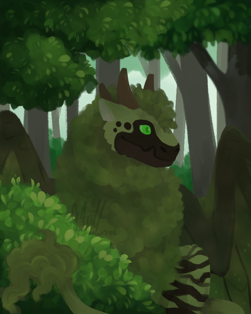 A lineless drawing of a green obelisk dragon with a fluffy, curly mane. They are sitting in a forest.