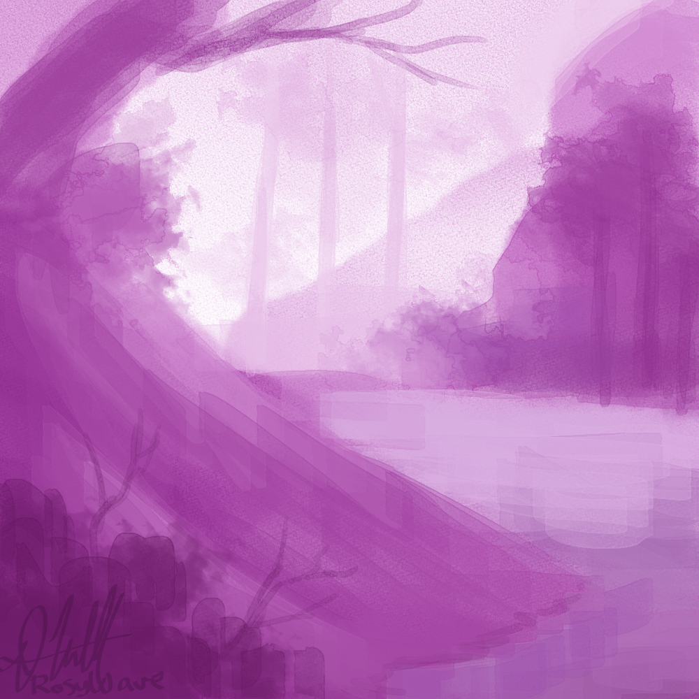 A watercolor style stream bank done in all magenta.