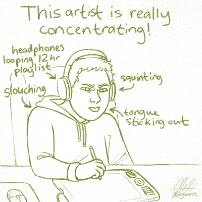 A green sketch of an artist working at their computer. The title reads, 'This artist is really concentrating!' There are four arrows pointing at them. The first one reads, 'headphones looping 12 hour playlist.' The second one reads, 'slouching.' The third one reads, 'squinting.' The fourth one reads, 'tongue sticking out.'