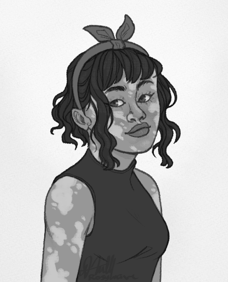 A grayscale portrait of a character with a wavy bob haircut and vitiligo.
