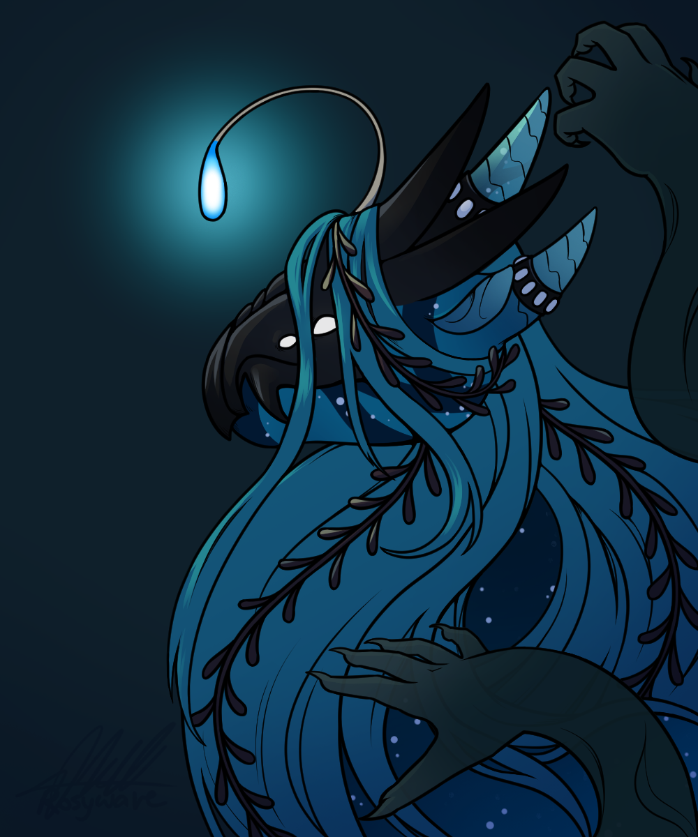 A Flight Rising obelisk dragon facing to the left. They are wearing seaside kelpie mane, onyx ghastcrown, and onyx grasp apparel, as well as a deepsea bulb that acts as the main light source. The background is dark teal-blue.