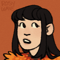 A small colored doodle of a character with pale skin, shoulder-length black hair with bangs, and a shirt that looks like autumn leaves. Her mouth is open like she's talking.