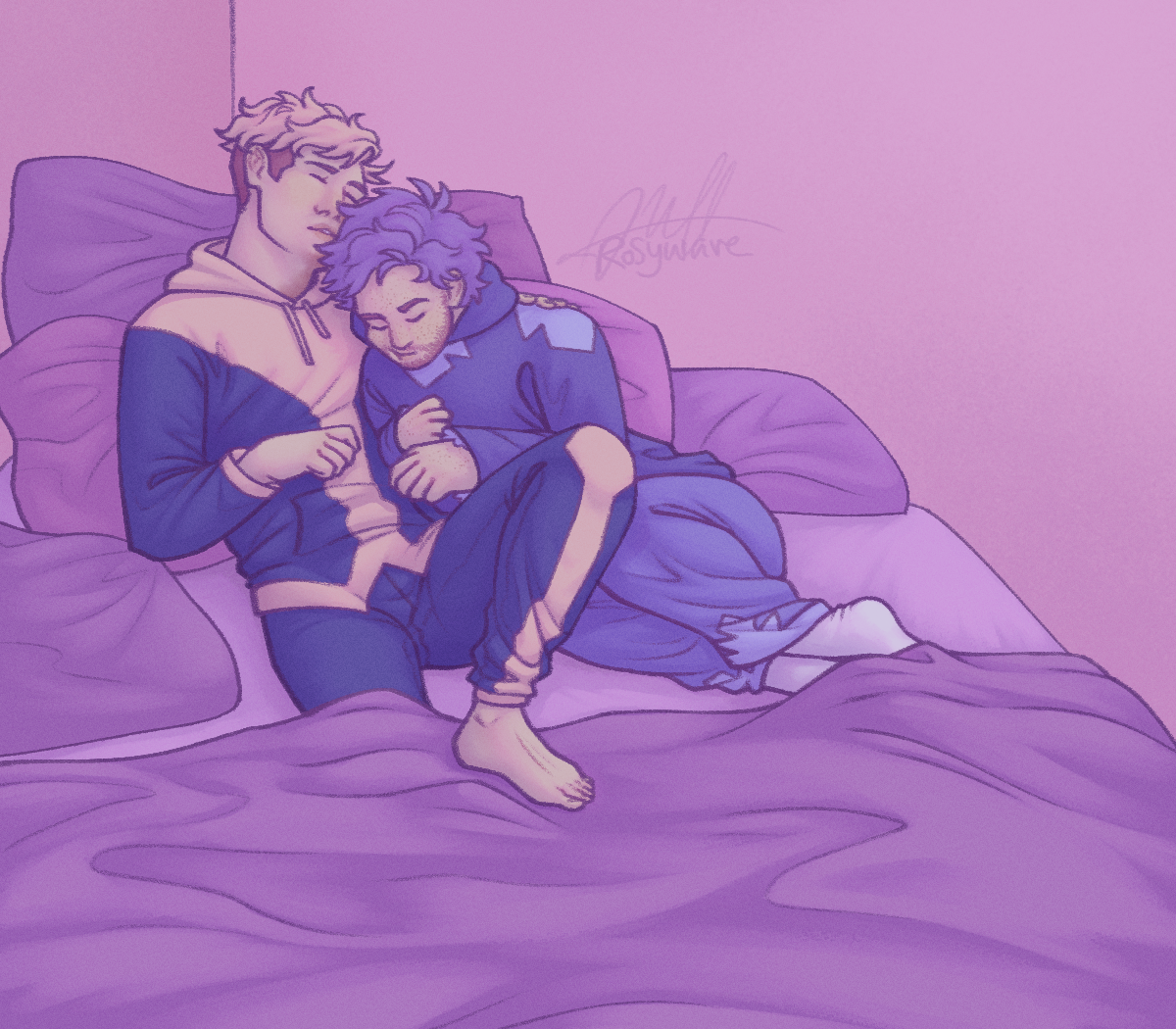 A drawing of two characters napping together in a big pile of pillows. They're leaning on each other's shoulders. The drawing is in a muted pastel color palette.
