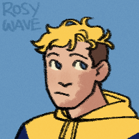 A small colored doodle of a character with pale skin, a large burn scar on his face and neck, short, yellow dued hair with an undercut, and blue eyes.